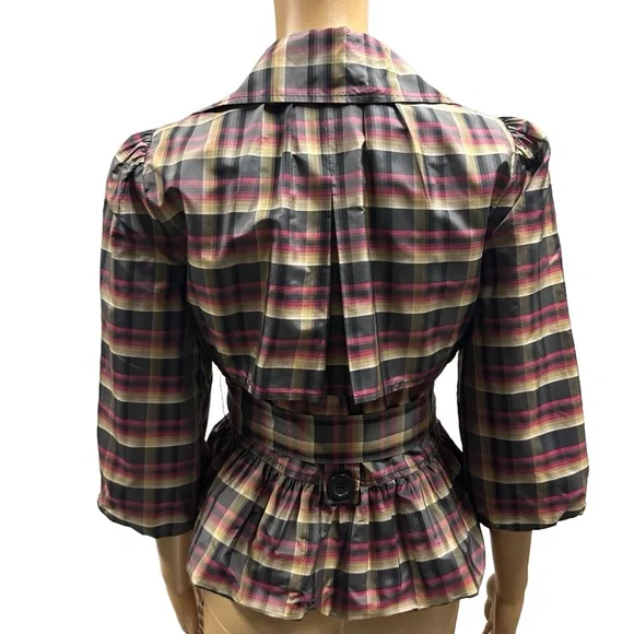 Eci New York Silk Retro Plaid Double Breasted 3 Quarter Sleeve Tie Belt Size 2 - Picture 2 of 12